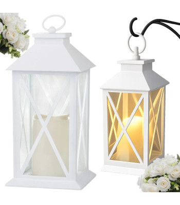Valge dekoratiivne LED-latern elektrilise küünlaga, patareitoitel, 28cm x 14cm x 14cm