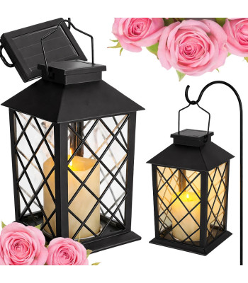 Päikesepaneeliga dekoratiivne LED-latern elektrilise küünlaga, must, 28cm x 14cm x 14cm