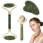 Jadeiidist näomassaažikomplekt kahepoolse rulliku, massaažikuuli ja gua sha kiviga, 3 ühes