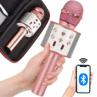 Juhtmevaba Bluetooth-karaokemikrofon kõlari ja ümbrisega, eri režiimid, roosa, 22 cm