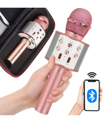 Juhtmevaba Bluetooth-karaokemikrofon kõlari ja ümbrisega, eri režiimid, roosa, 22 cm