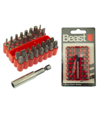 Magnetiliste CR-V kruvikeerajaotsakute komplekt hoidikuga – 33 bitti, 2 adapterit, PZ ×7, PH ×7, SL ×5, HEX ×6, TORX ×7