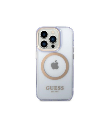 Guessi ümbris iPhone 14 Pro 6,1-tollisele telefonile GUHMP14LHTCMU, lilla HC Magsafe kuldse äärisega läbipaistev.