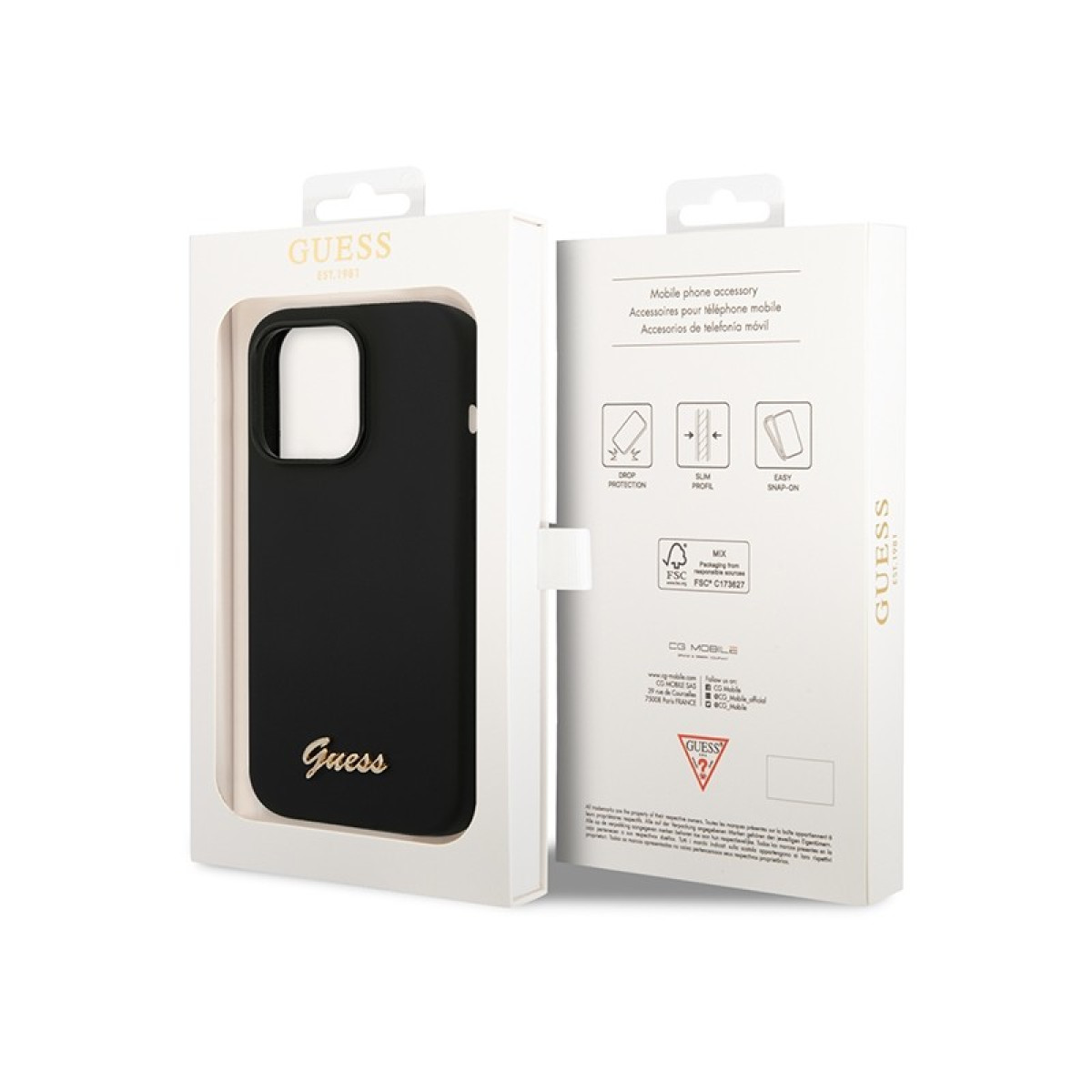 Guessi telefonikott iPhone 14 Pro Max 6,7-tollisele telefonile GUHCP14XSLSMK must kõva telefonikott Silikoninis Vintage Gold Logo.