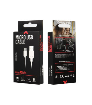 Maxlife kaabel USB - microUSB 1,0 m 3A valge
