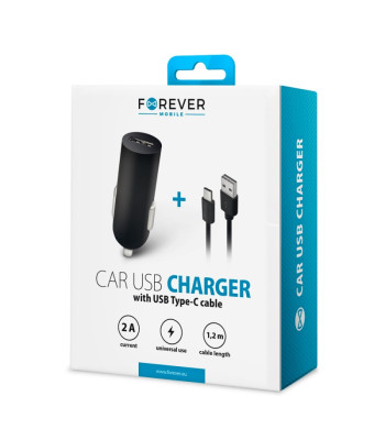 Forever M02 autolaadija 1x USB 2A must + USB-C kaabel