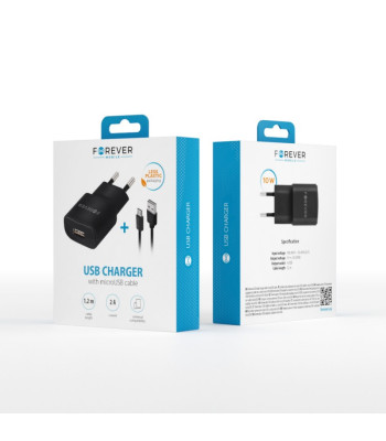 Forever TC-01 laadija 1x USB 2A must + microUSB kaabel