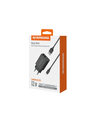 Riversong seinalaadija SafeKub D2 2x USB 12W must + kaabel USB - microUSB AD29 + CM85