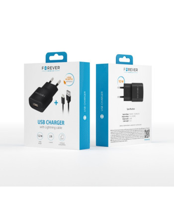 Forever TC-01 laadija 1x USB 2A must + Lightning kaabel