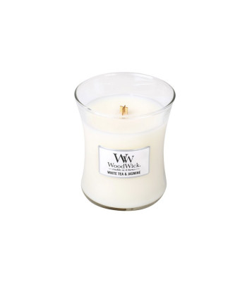 WoodWick lõhnaküünal vaasis "Valge tee - jasmiin" 275 g