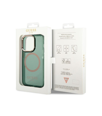 Guess ümbris iPhone 14 Pro 6.1 GUHMP14LHTCMA khakivärvi kõva ümbrisele Gold Outline läbipaistev MagSafe