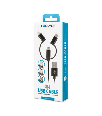 Forever 3in1 kabelis USB - Lightning + USB-C + microUSB 1,0 m 1,5 A juodas