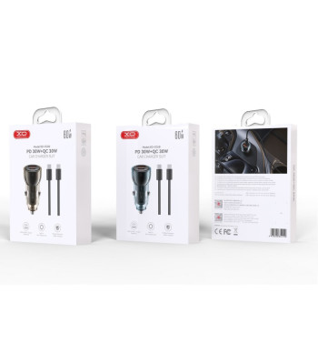 XO automobilinis įkroviklis CC60 60W 1x USB 1x USB-C juodas + USB-C - USB-C kabelis