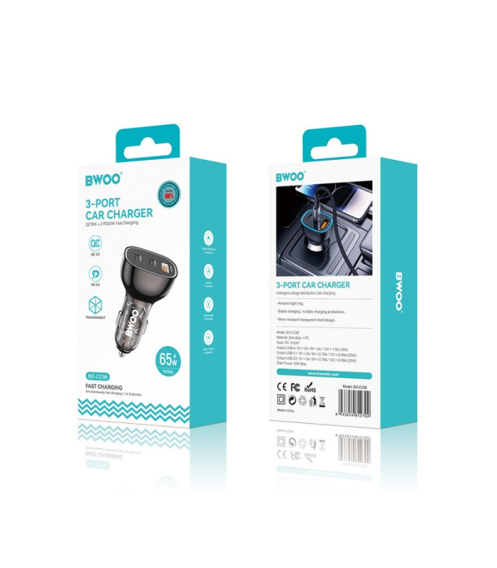 BWOO 68W automobilinis įkroviklis, dvigubas USB-C ir USB prievadas