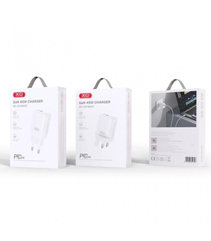 XO sieninis įkroviklis CE16 PD 45W 1x USB-C 1x USB baltas