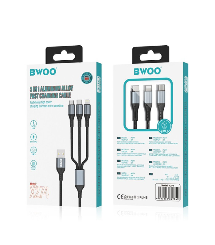 BWOO greitas 3 in 1 USB 3A įkrovimo kabelis X274