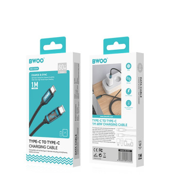 BWOO pintas USB-C - USB-C 1 m 60 W kabelis su animaciniu apšvietimu, juodas