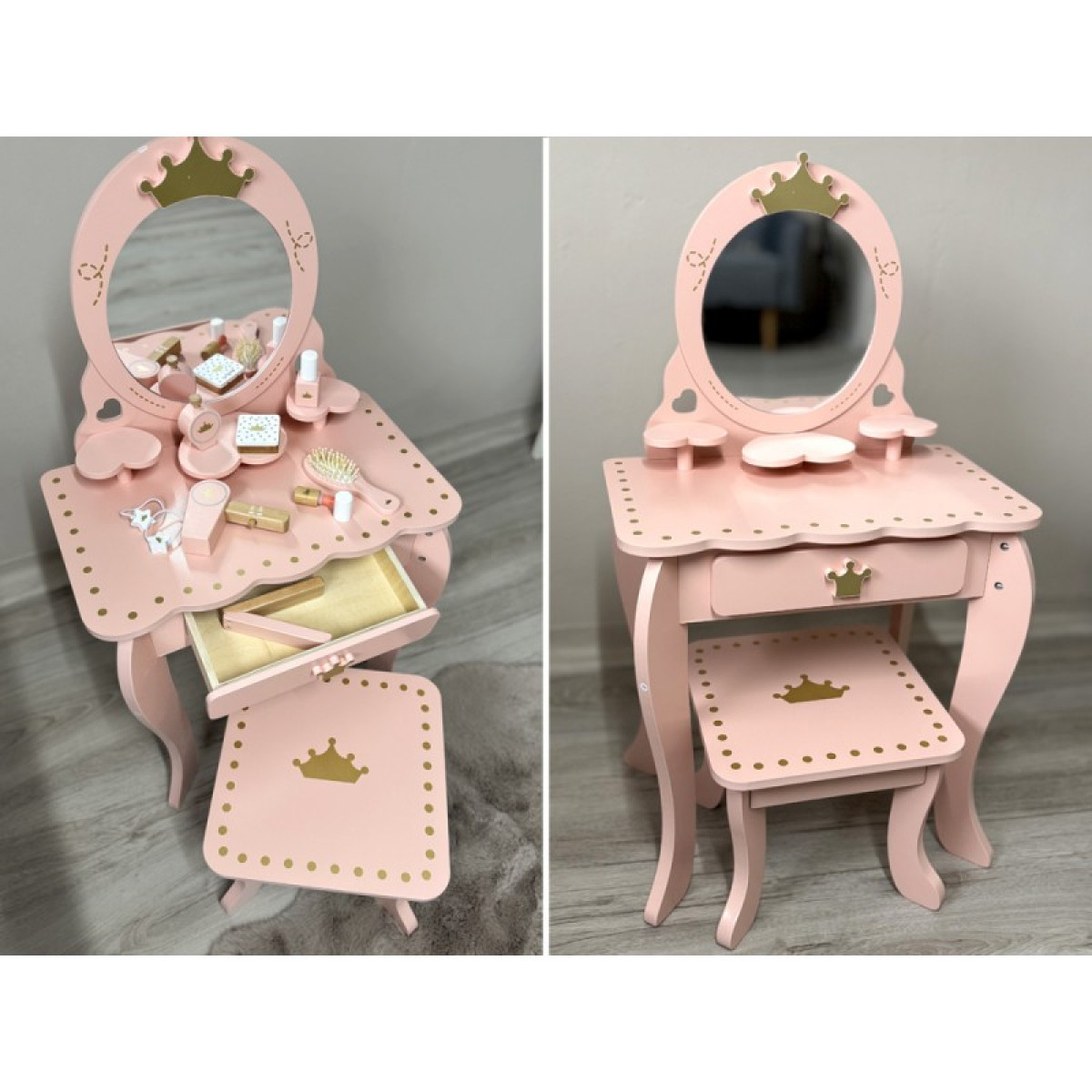 Medinis karališkasis tualeto staliukas su veidrodžiu + kėdė + priedai ZA5934