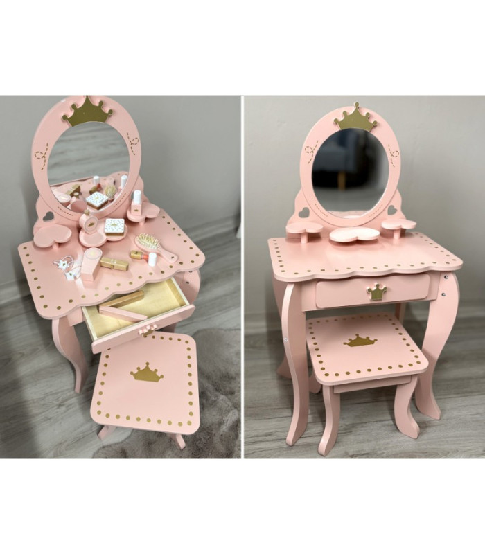 Medinis karališkasis tualeto staliukas su veidrodžiu + kėdė + priedai ZA5934