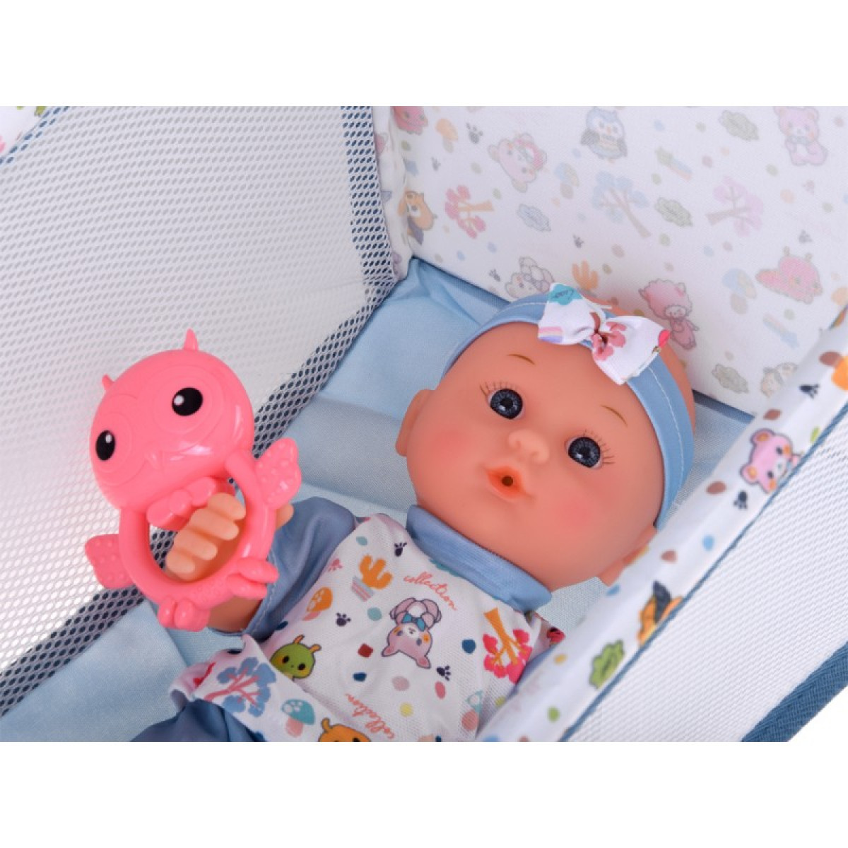 Prabangus kūdikio lėlės rinkinys, vežimėlis, lopšys, maitinimo kėdutė, priedai, 16 vnt., ZA5917