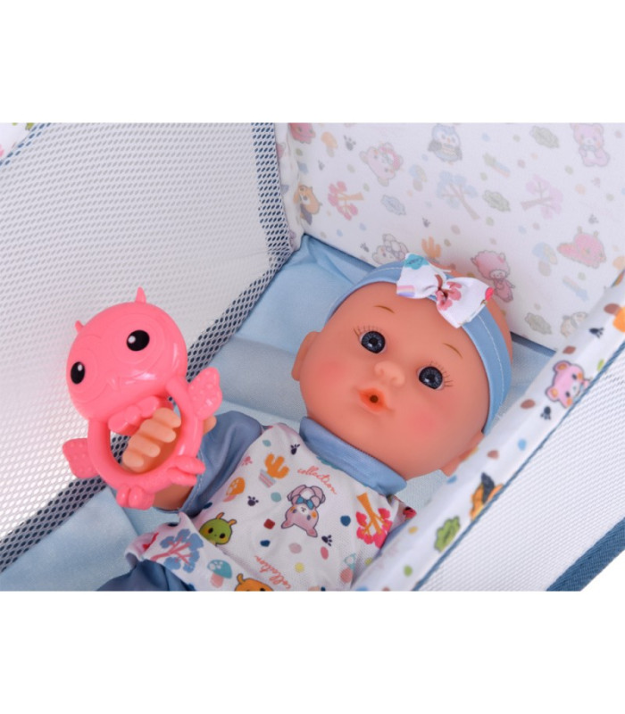 Prabangus kūdikio lėlės rinkinys, vežimėlis, lopšys, maitinimo kėdutė, priedai, 16 vnt., ZA5917