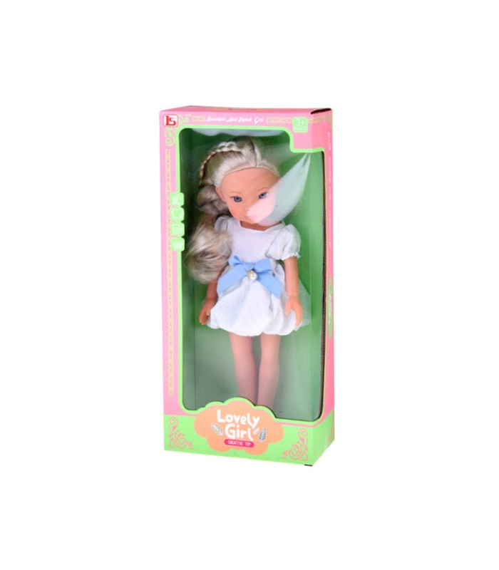 Žavinga lėlė su balta suknele ir mėlynu kaspinu, 33 cm Lėlė ZA5850