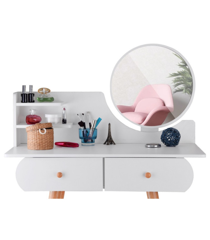 Funkcinis baltas tualetinis staliukas su veidrodžiu + taburetė + stalčiai ZA4820