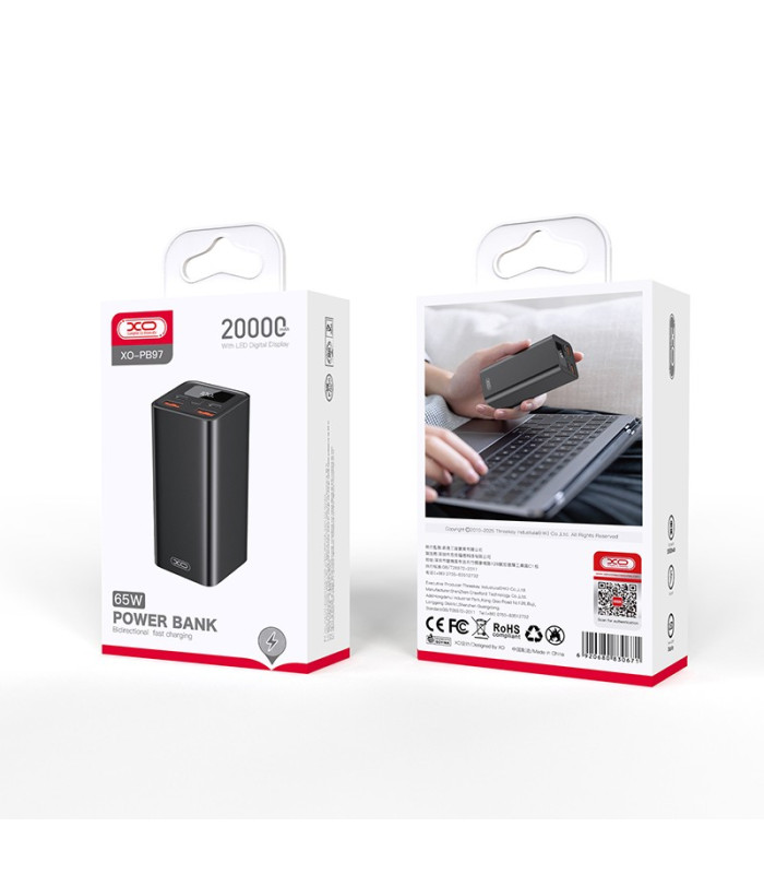 XO nešiojamojo kompiuterio maitinimo bankas PB97 65W 20000mAh, juodas