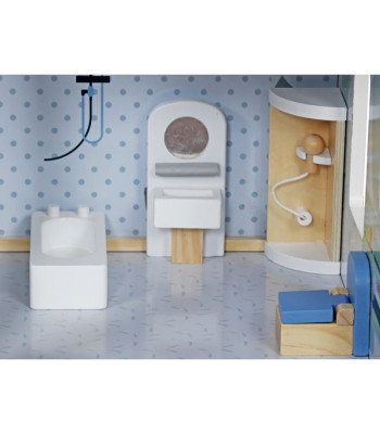 Medinis mėlynas lėlių namelis + baldai ir 3 aukštų terasa ZA5273